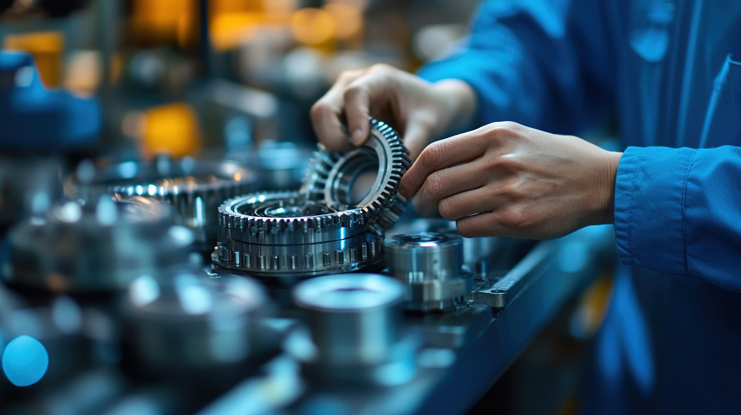 Close-up of hands assembling precision metal gears in a factory.